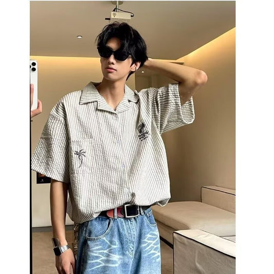 Men's Coconut Tree Embroidered Niche Design Casual Loose-fit Shirt