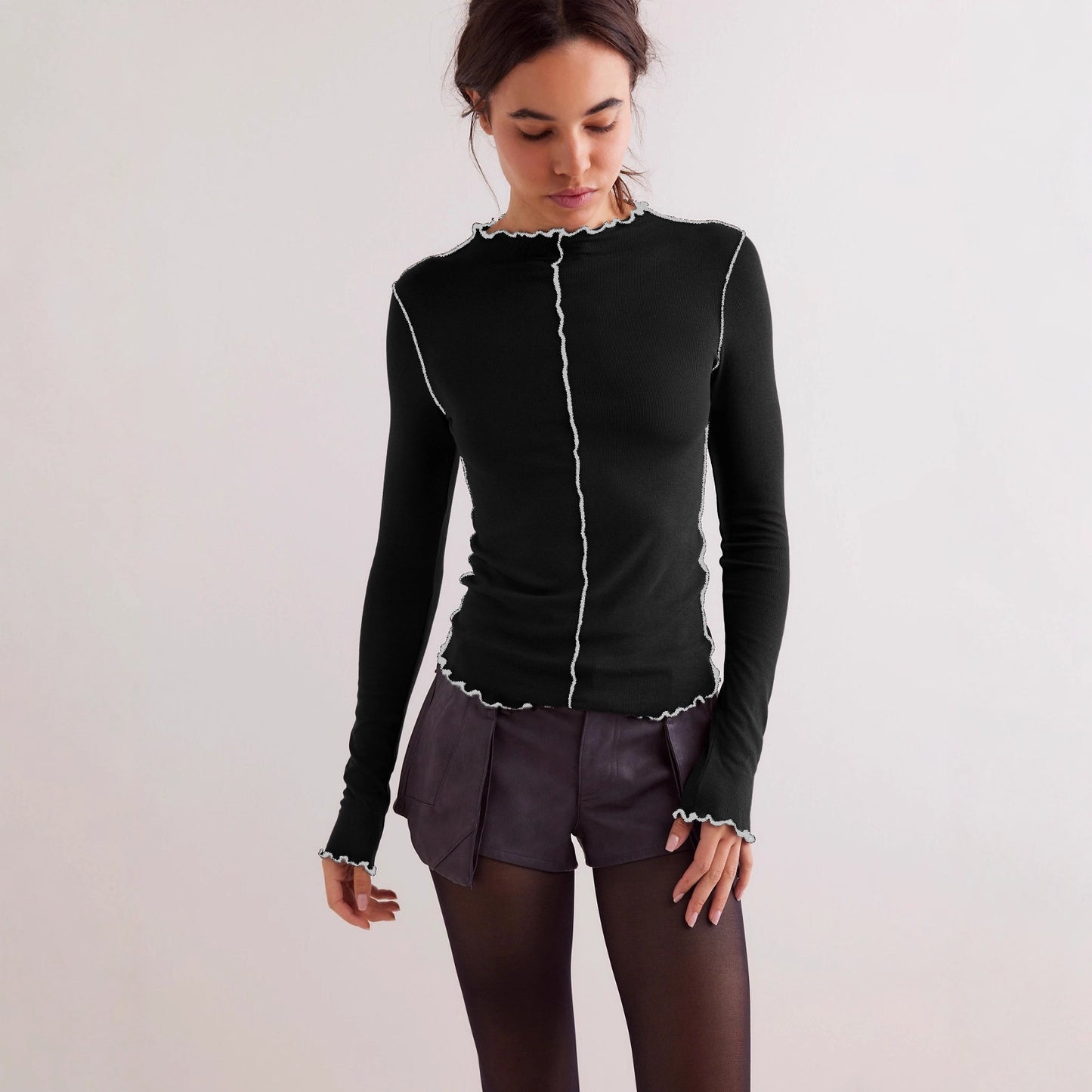 Color-Block Curling Fake Collar Long-Sleeve Versatile Womens Shirt