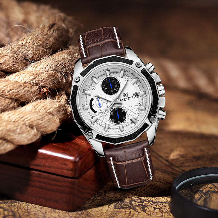 Men's multi-function leather watch