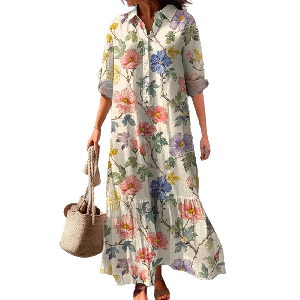 Womens Long-Sleeve Lapel-Neck Digital-Print Dress