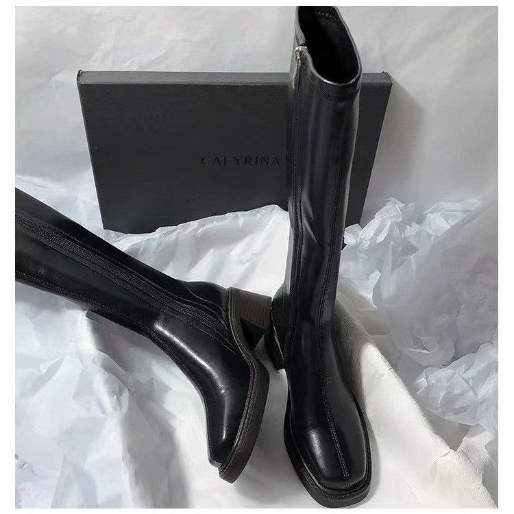 Chunky-Heeled Fashionable Square-Toe Over-the-Knee Boots