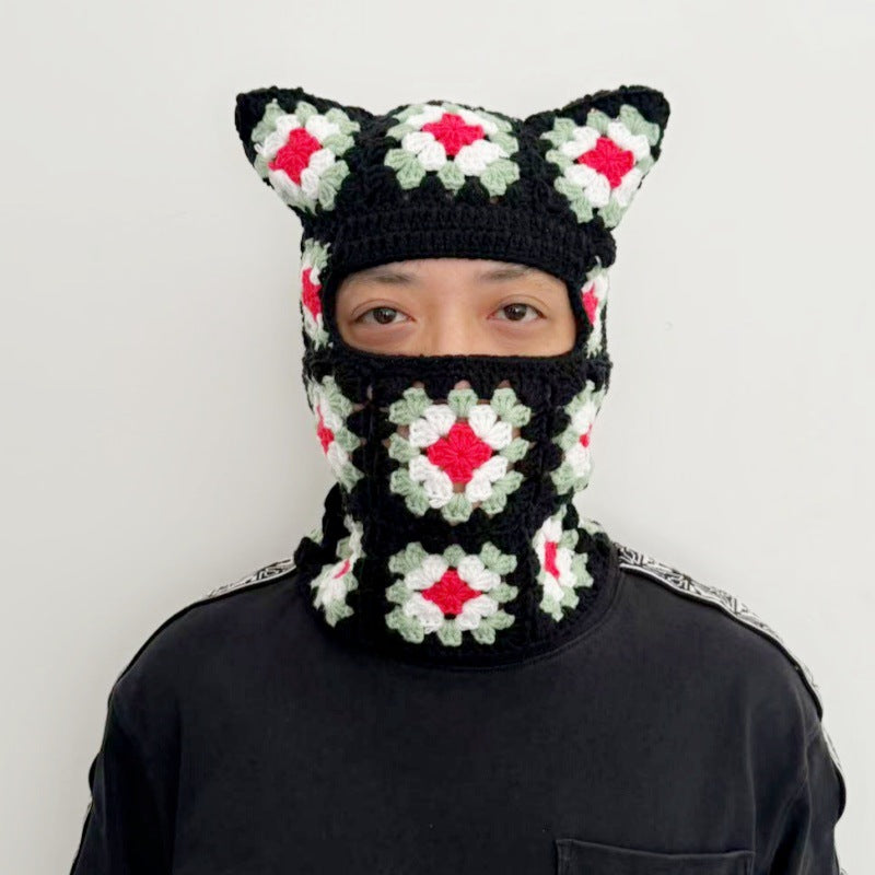 Handmade Mosaic Sleeve Cap Retro Hollow Ear Protection Scarf Integrated With Hat