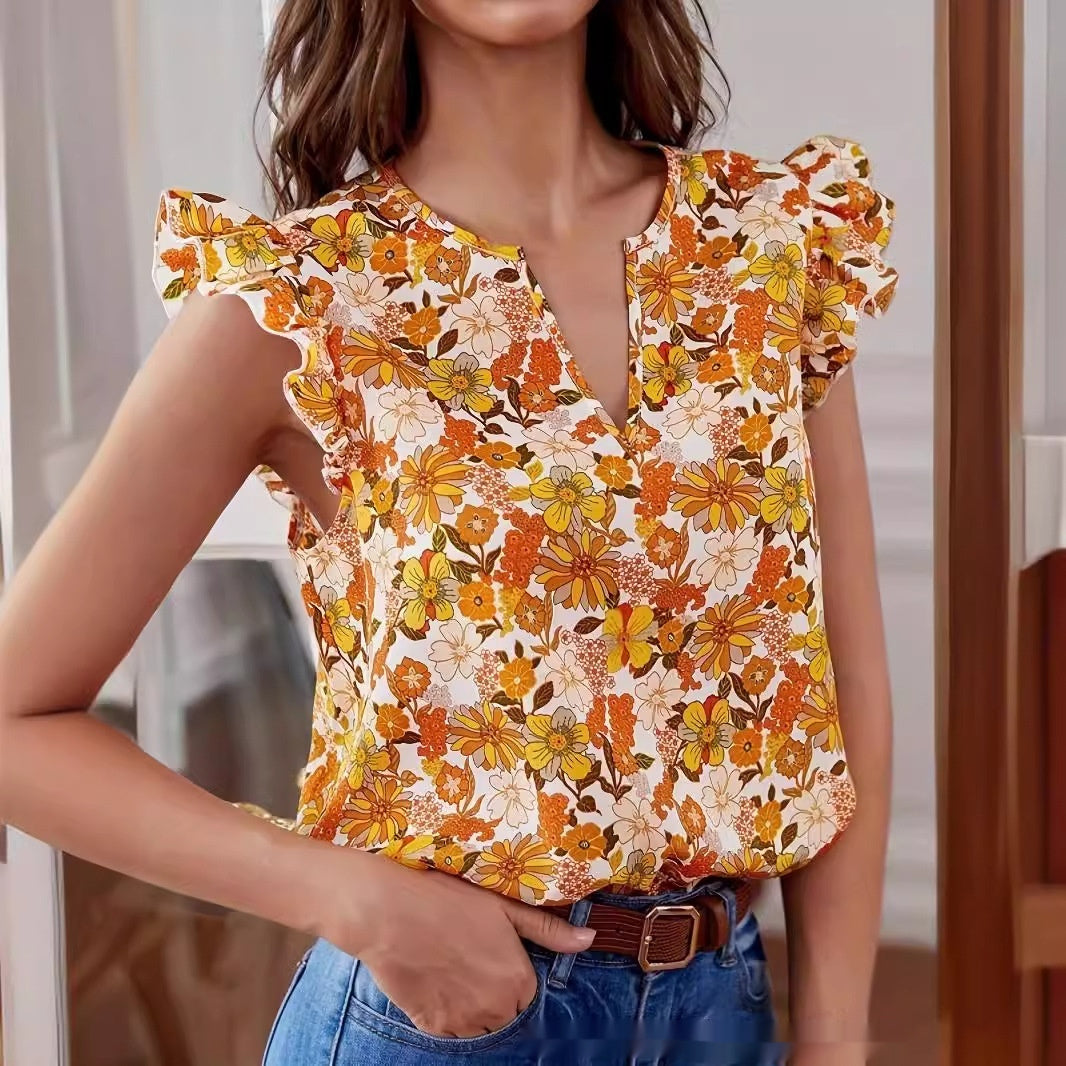 Temperament Commute Loose Casual Ruffle Sleeve Floral Blouse