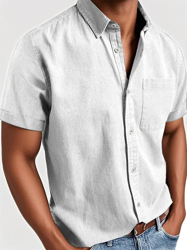 Polo Collar Solid Color Pocket Single-breasted Men's Short-sleeved Shirt