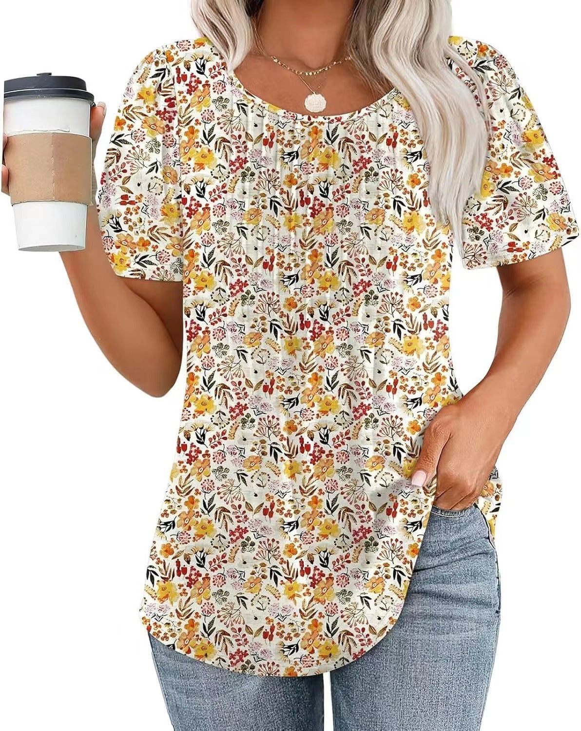 Round Neck Pleated Printed T-shirt