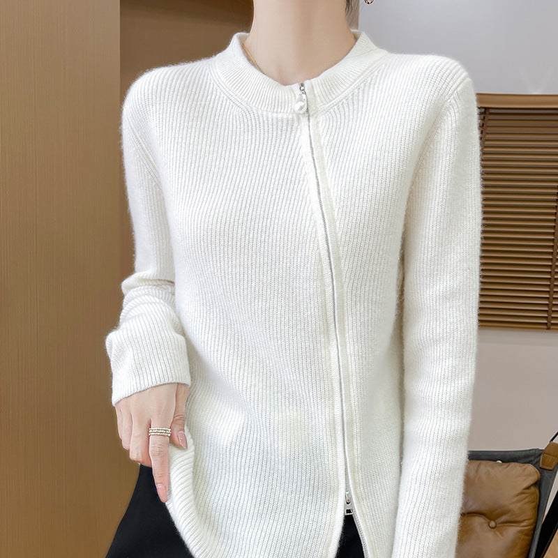 Round Neck Knitted Cardigan Long Sleeve Women's Oblique Zipper Slim Jacket