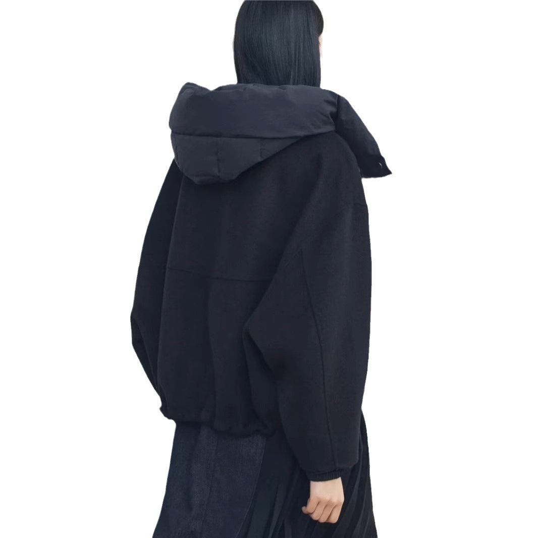 Patchwork Hooded Short Woolen Fashion Black Coat