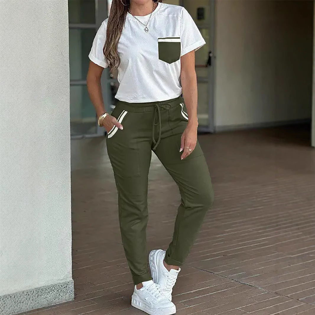 Women's Round-neck Short-sleeved Top And Pants Two-piece Set