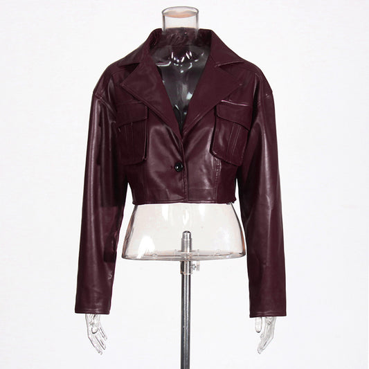 Patchwork Pocket Cropped Leather Coat Women