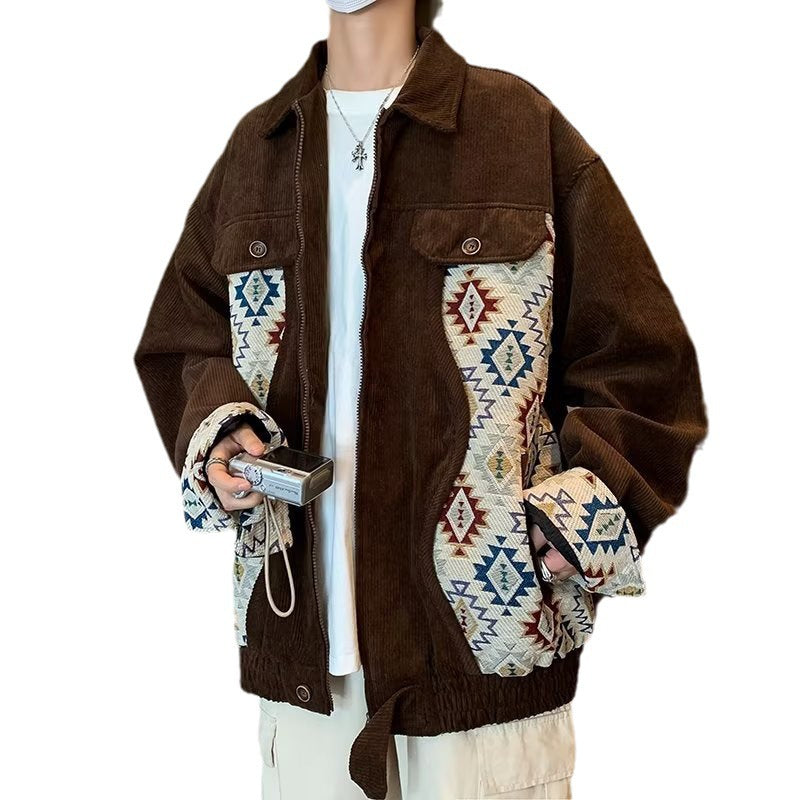 American Retro Ethnic Style Stitching Lapel Corduroy Jacket Design Sense Baseball Collar Coat