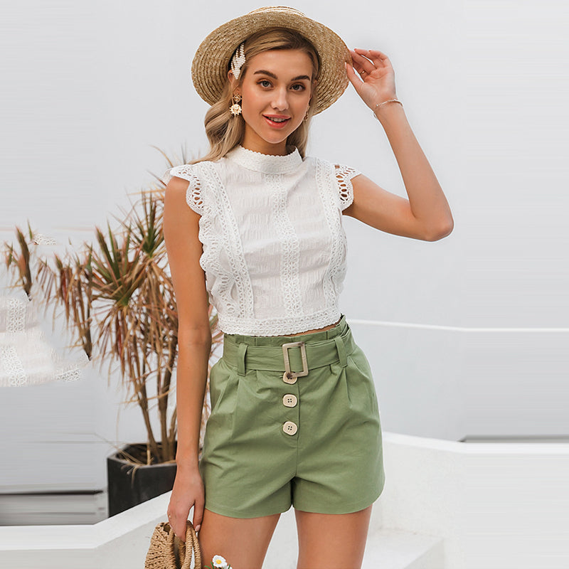Cotton belt wild all-match high waist casual straight shorts