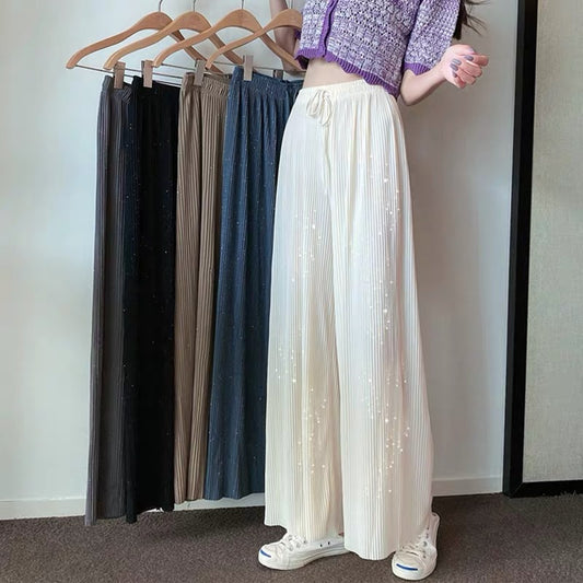 Loose Straight Pleated Ice Silk Leggings Draped Pants Thin High Waist