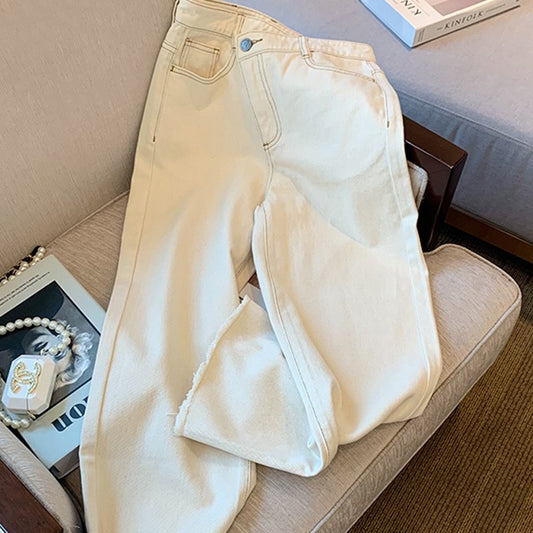 Vintage fløjlsprægede hvide højtaljede jeans til kvinder