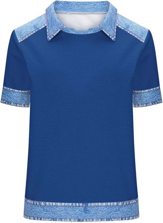Denim Patchwork Crew Neck Short-sleeve Loose Casual Everyday Versatile