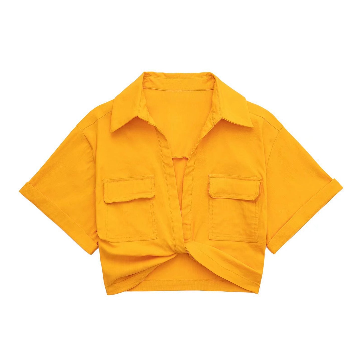 Solid Color Versatile Knot Embellishment Double Pocket Short Sleeved Shirt