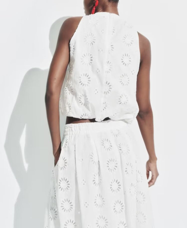 White Hollow-out Embroidered Top High Waist Skirt