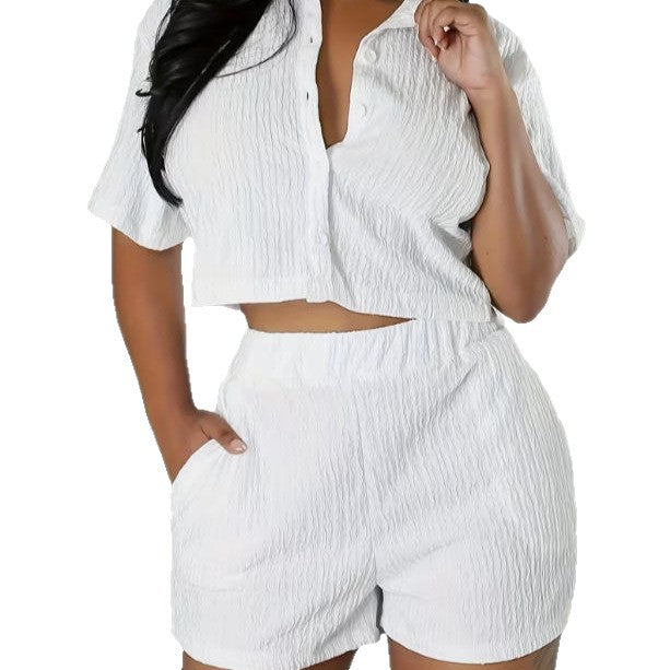 Fashionable Casual Short-Sleeve Shirt Set Single-Breasted Solid Color Pleated Two-Piece Suit