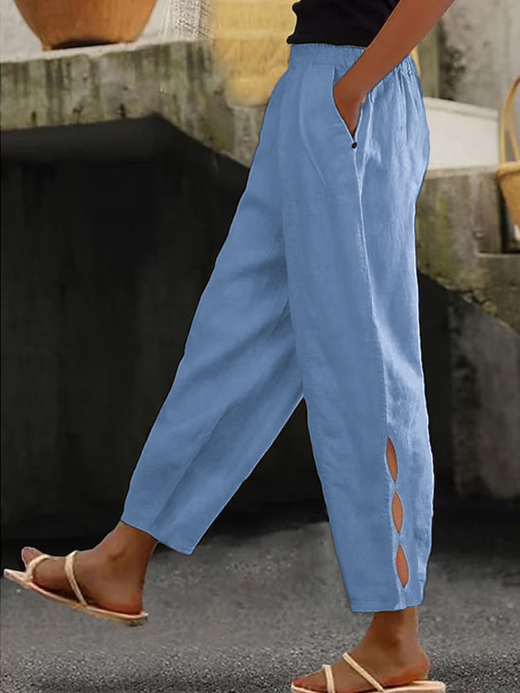 Hollow-Out Ankle Detail Trousers - Button-Adorned Bottom Hem Pants For Women Summer Daily Wear