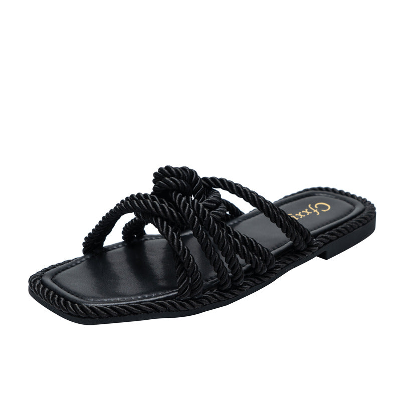 Hemp Rope Flat Sandals Women Casual Solid Color Square Toe Hollow Flat Heel Women Slippers