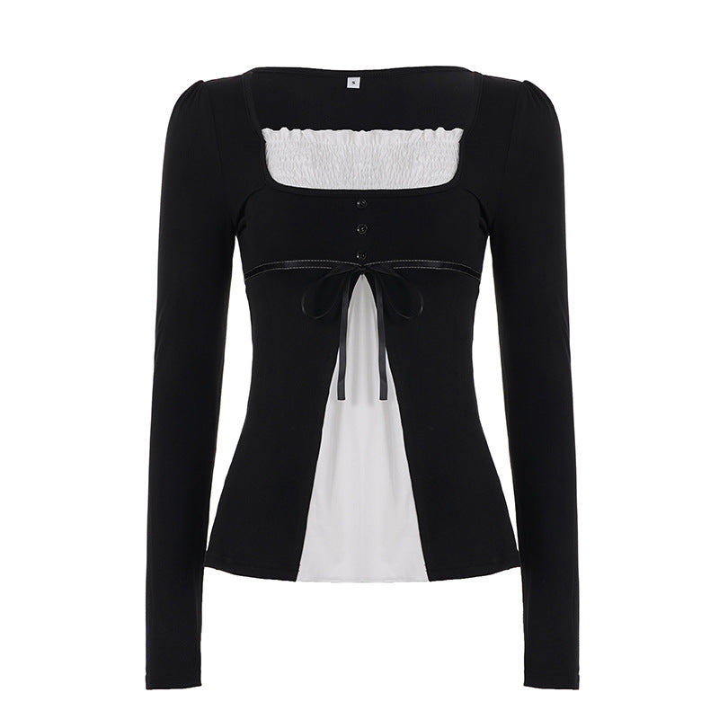Sweet And Fresh Contrasting Color Patchwork Fake Two-Piece Slim-Fit Long-Sleeve T-Shirt