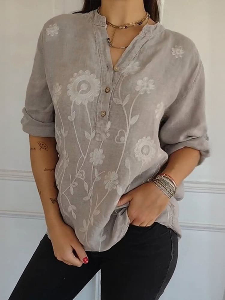 Women's Lace Embroidered Button V-Neck Shirt