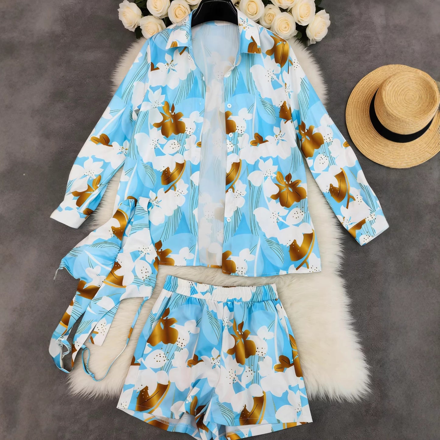 Printed Long-Sleeve Shorts Holiday-Style Casual Three-Piece Set