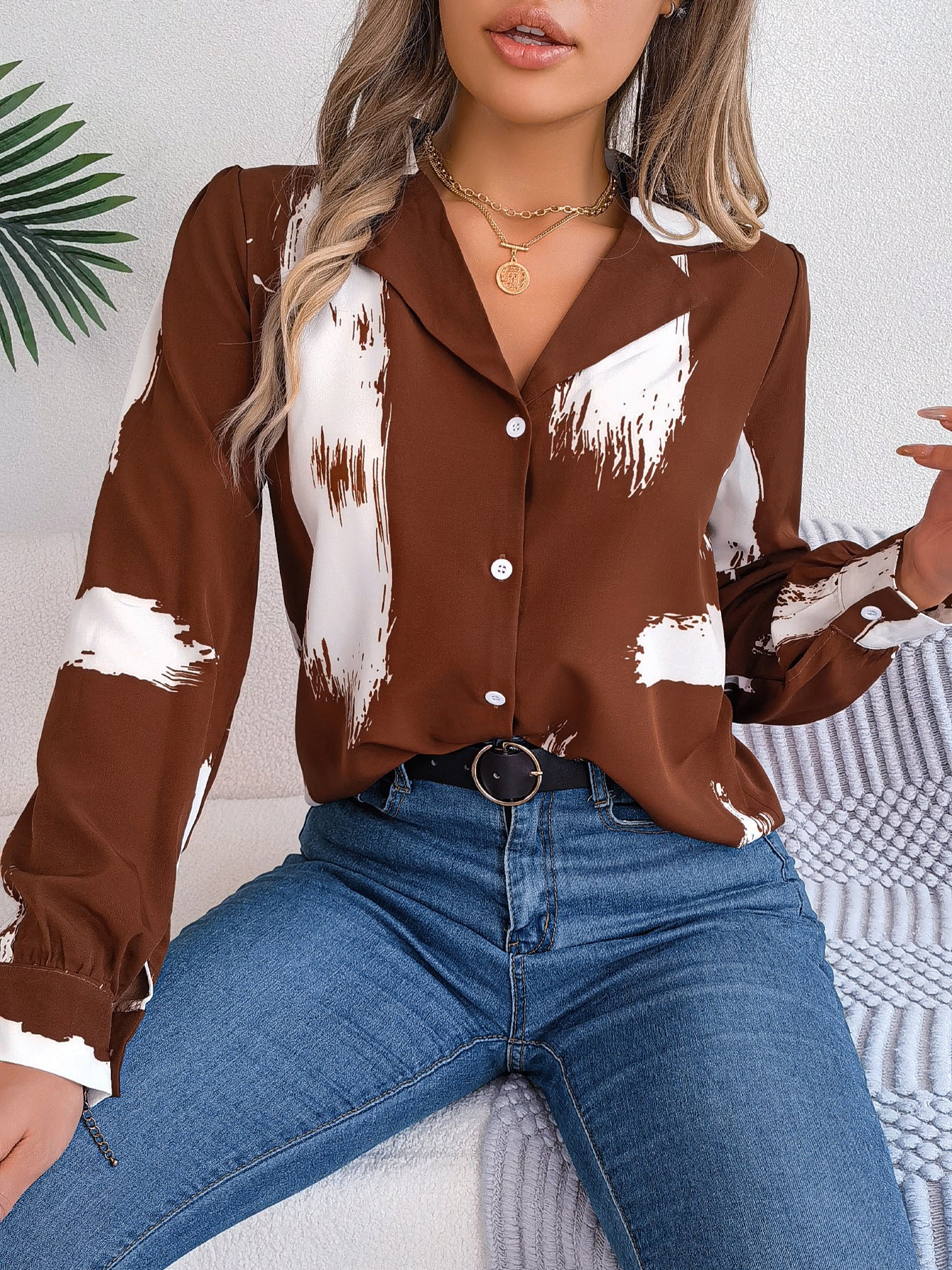 European And American-style Chic Contrast-striped Blazer-collar Long-sleeve Shirt