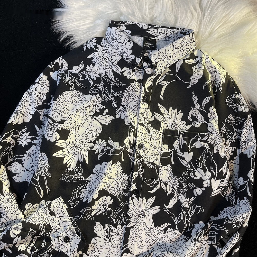 Hong Kong Style Printed Shirt Men's And Women's Loose Long Sleeves