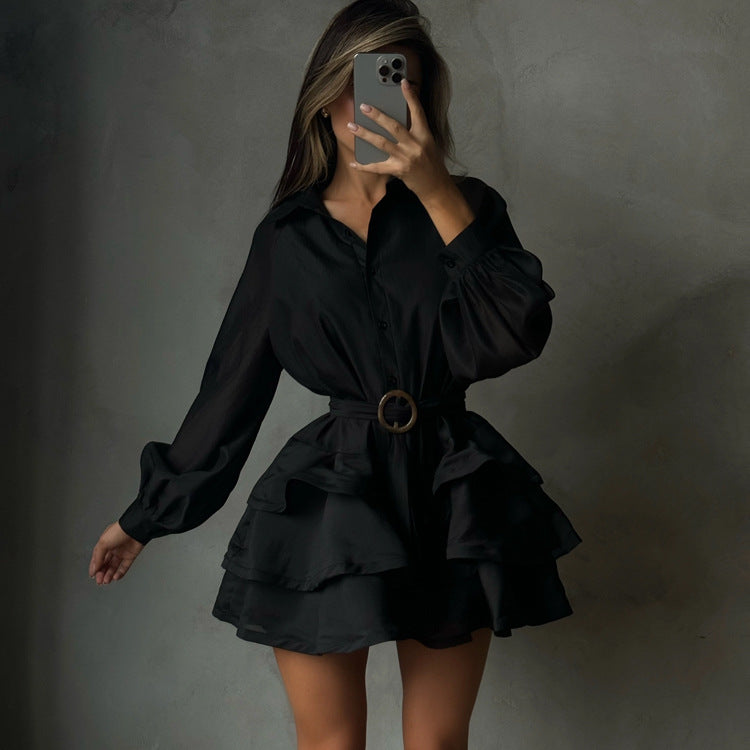 New Stylish Black Womens Dress With A Turn-down Collar For An Elegant