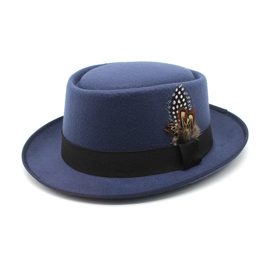 Versatile Jazz Hat Flat Top Woolen Feather French