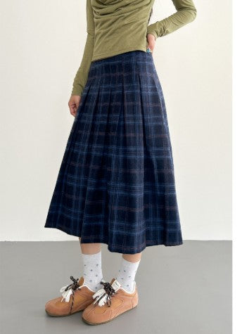 Deep Blue Plaid Preppy-Style Womens A-Line Midi Skirt
