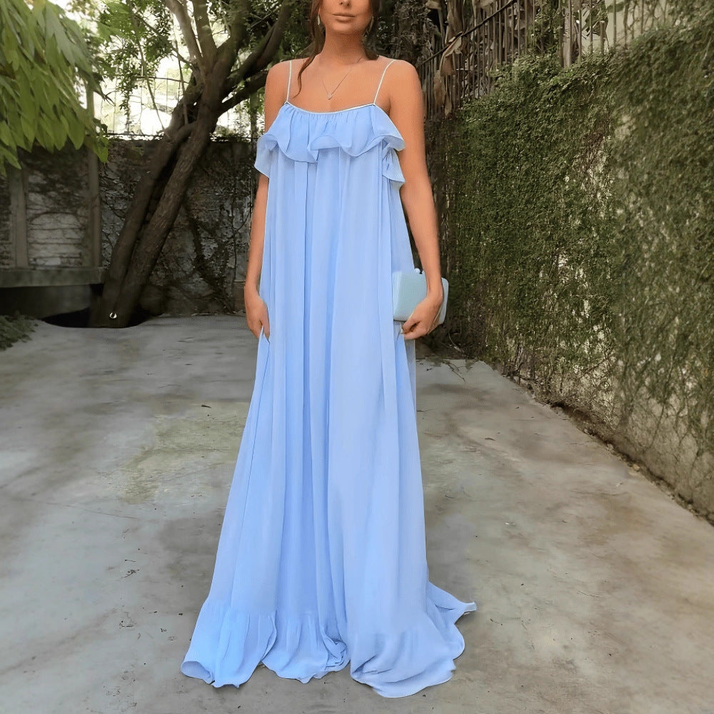 Off-the-shoulder Slip Dress With A Flared Ruffled Hem That Creates A Slimming Silhouette