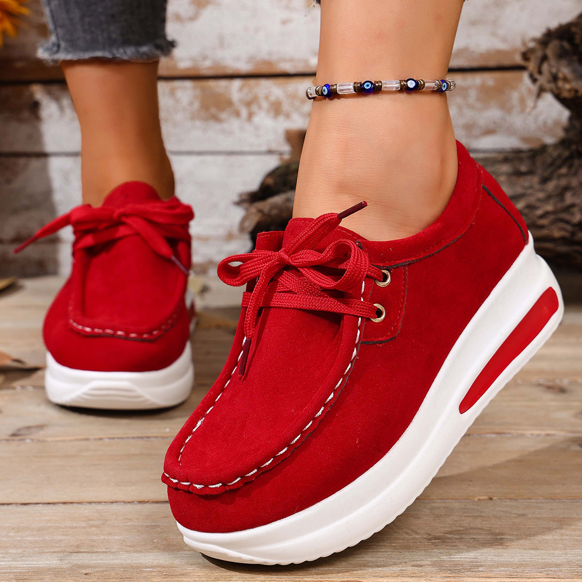 European And American-style Thick-soled Loafers With Front Laces And A Wedge Heelcasual Single-layer Shoes