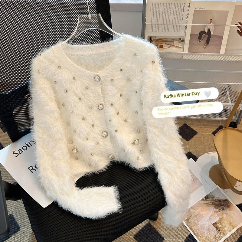 French Socialite Beaded Round Neck Sweater Coat For Women