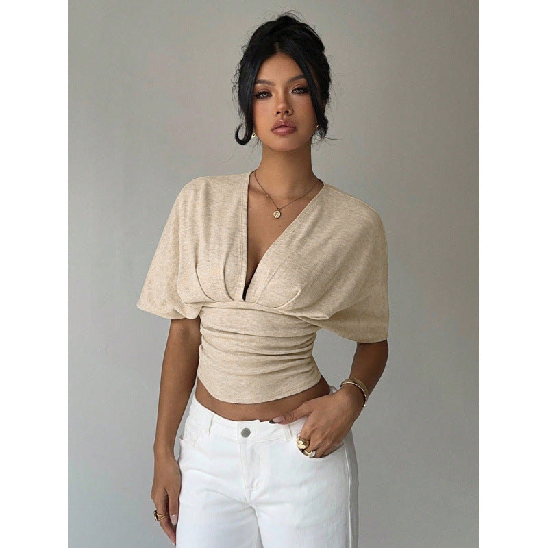 Womens Light Gray V-Neck Knotted Short-Sleeve Top