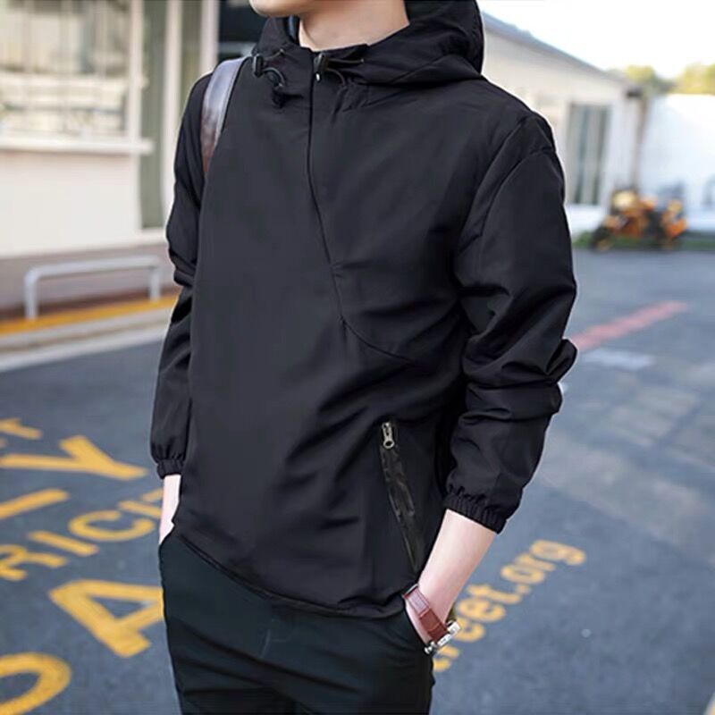 Spring Autumn Hooded Sweater Diagonal Zip Men's Jacket