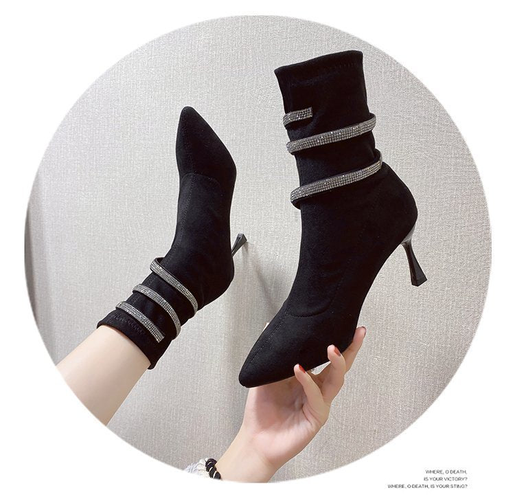 Pointed Fashion Boots Rhinestone French High Heels