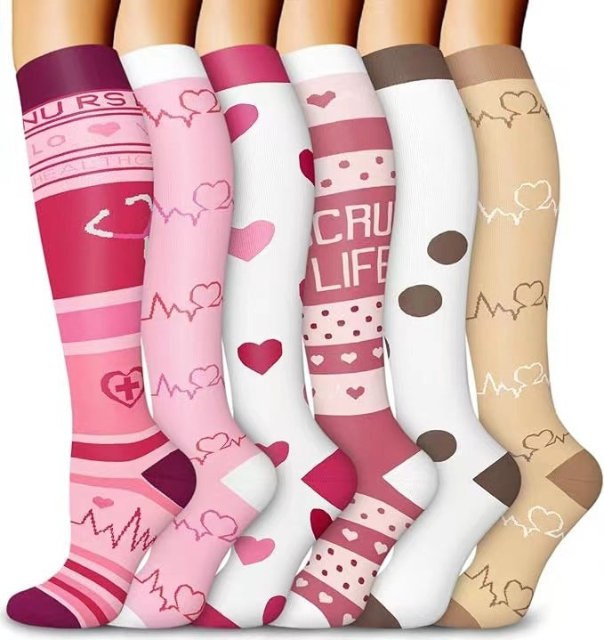 Combination Pattern Long Tube Sports Compression Stockings 6 Pairs