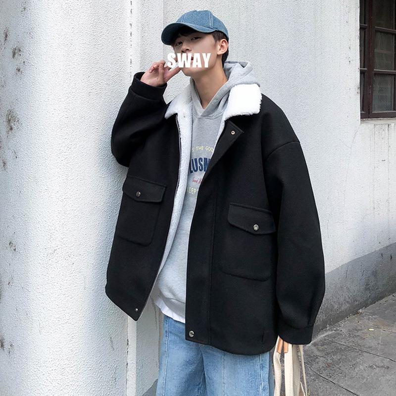 Lamb Plush Woolen Coat For Men, Versatile In Winter Japanese Style, Thickened For Warmth