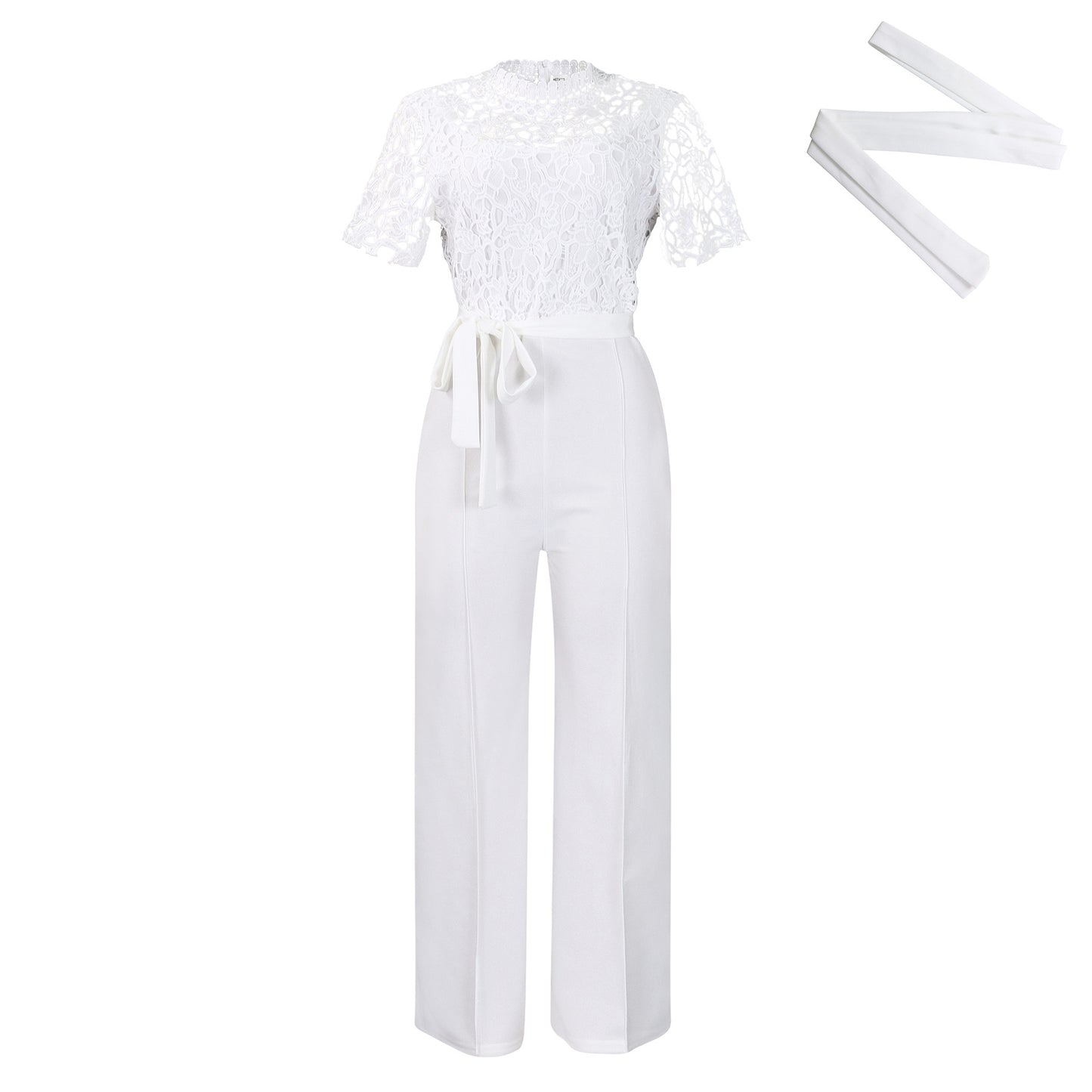 Sexy Lace Hollow-out Short-sleeve Tie-waist High-waist Wide-leg Jumpsuit