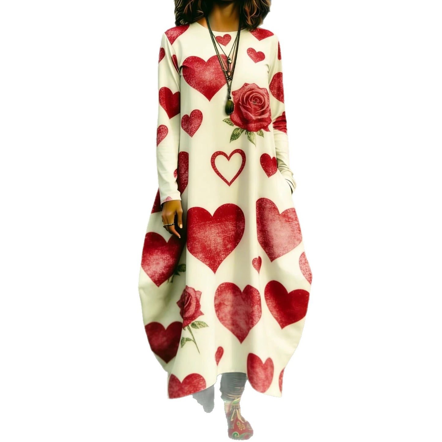 Womens Printed Crew-Neck Long-Sleeve Dress