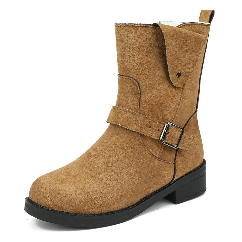 European And American Belt Buckle Flat-Bottomed Comfortable Warm Thin Boots