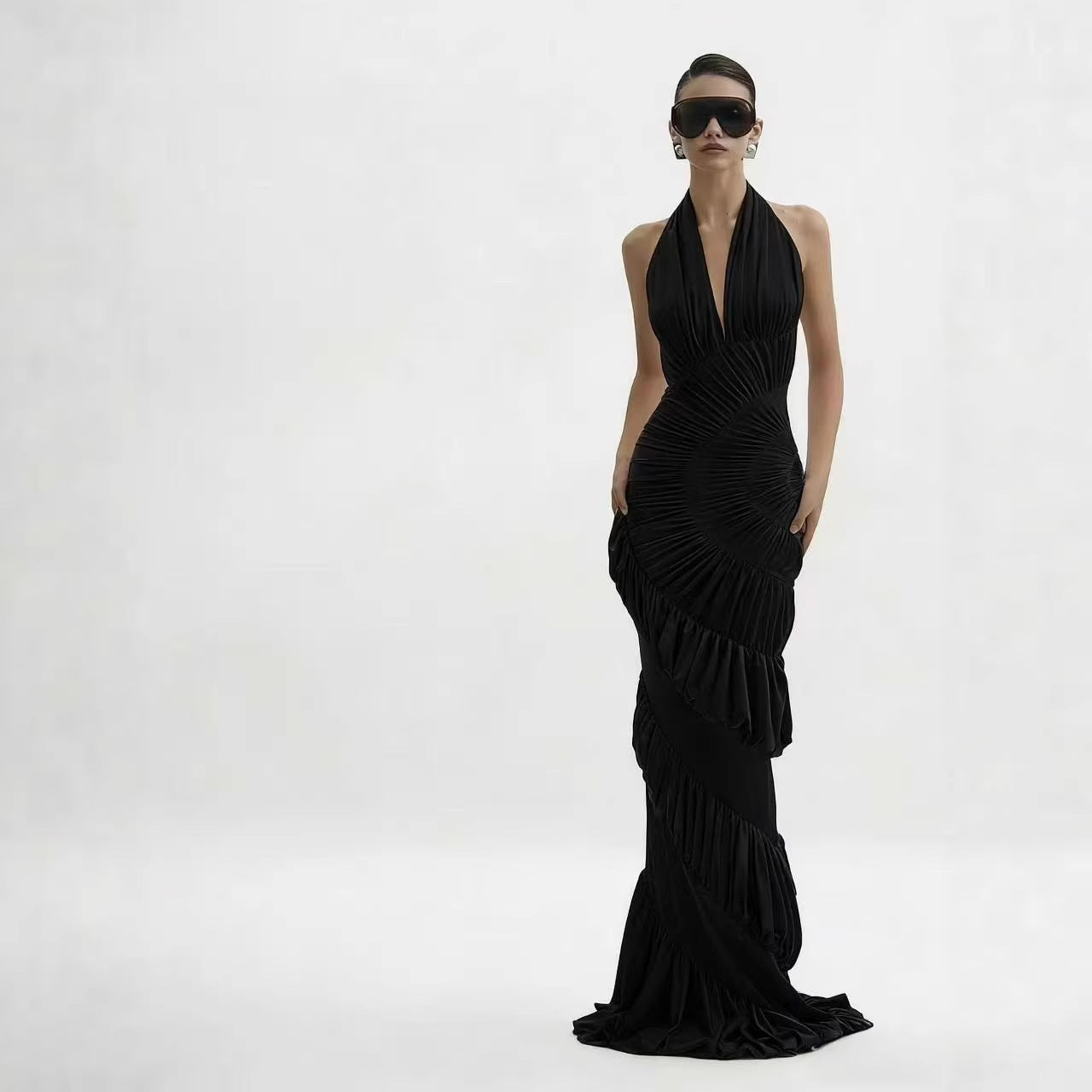 Asymmetrical Pleated Ruffle Bodycon Sheath Fishtail Long Dress