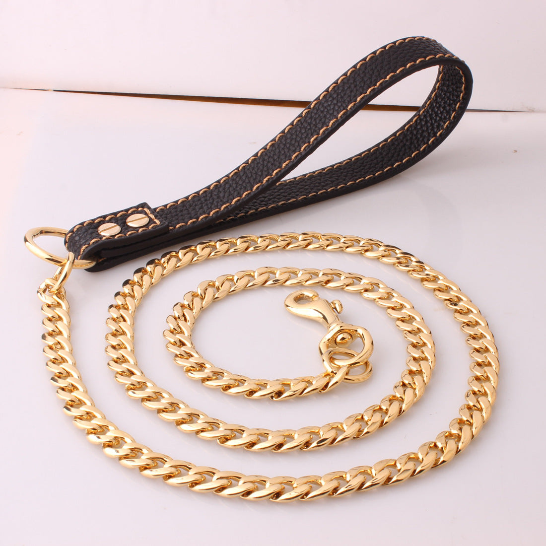 Gold Stainless Steel Full Welded NK Chain Leather Traction Rope