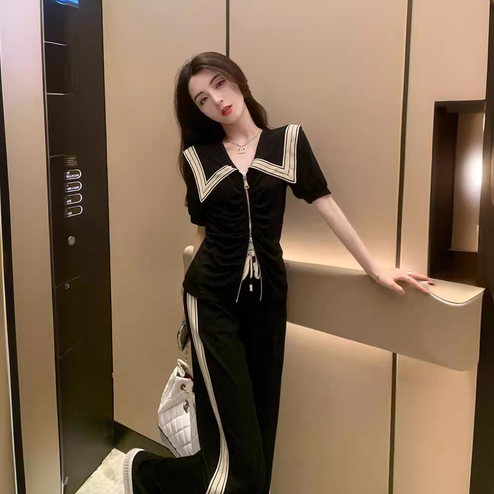 Women's Turn-down Collar Short Sleeve Slim-fit Wide-leg Pants Two-piece Set