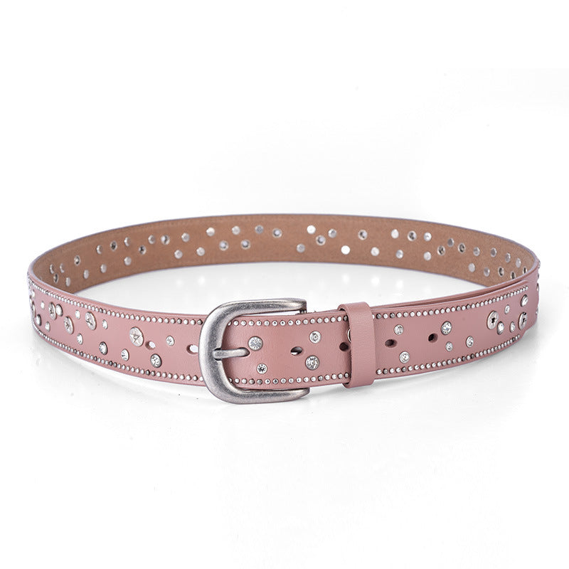 Fashion Trend Ladies Leather Rivet Rhinestone Inlaid Pin Buckle Belt