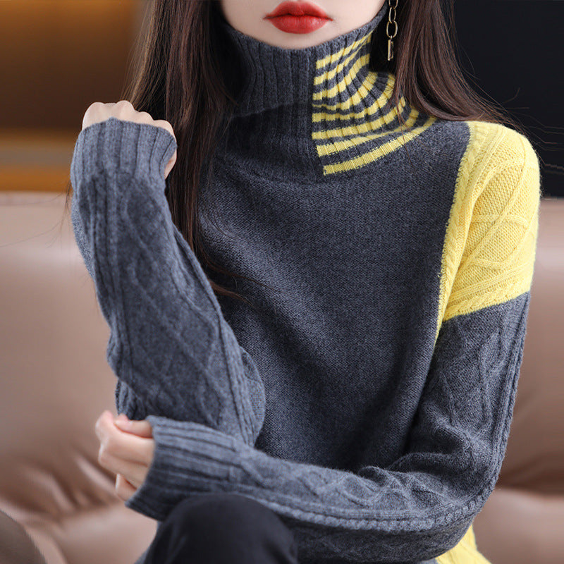 Women's Turtleneck Sweater Loose Contrast Color