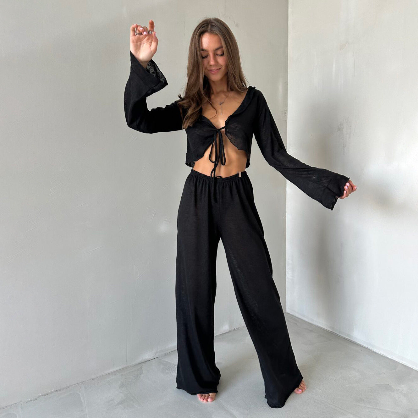 Womens Lace-Up Long-Sleeve Top And Pants Pajama Set