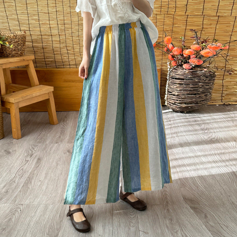 Colorful Stripes Linen Wide-leg Pants Drape Spring And Summer New Large Size Cotton Linen Pants Loose Color Matching