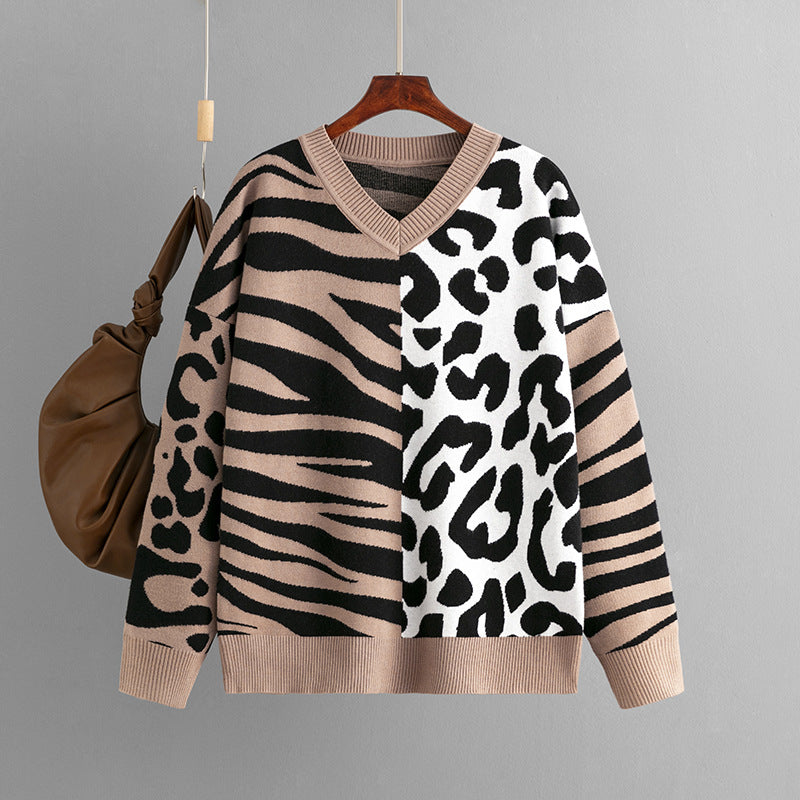 Leopard Splicing Mixed Sweater Pullover